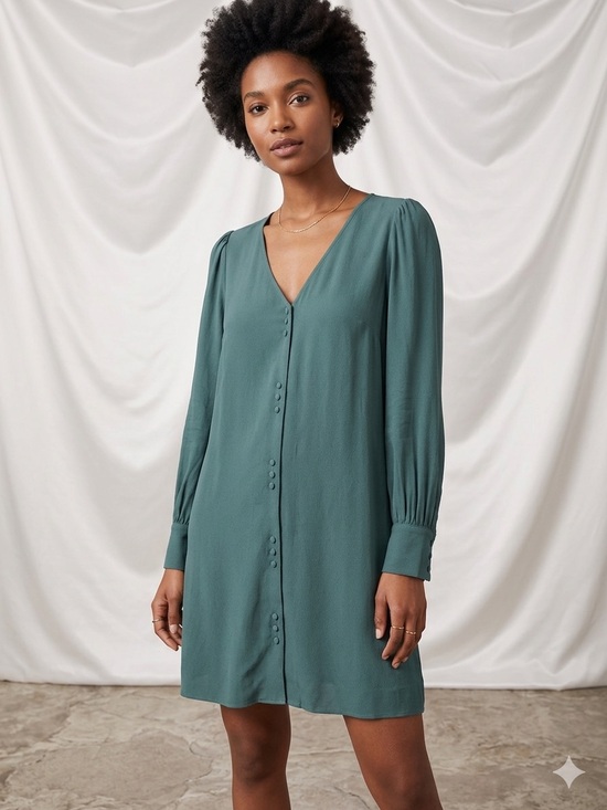 Madewell Dresses & Skirts - Madewell Teal Green Button-Front Mini Dress - Size M - Long Sleeve V-Neck